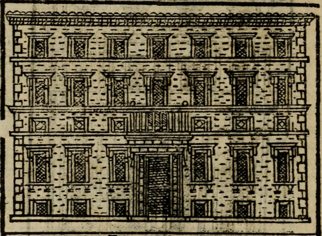 An illustration from Descrittione di Roma antica e moderna : nella quale si contengono chiese, monasterij, hospedali, compagnie, collegij e seminarij, tempij, teatri, anfiteatri, naumachie, cerchi, fori, curie, palazzi, e statue, librerie, musei, pitture, sculture, & i nomi de gli artefici : indice de'sommi pontefici, imperatori e duchi : con due copiosissime tauole, 1643, leaf 749