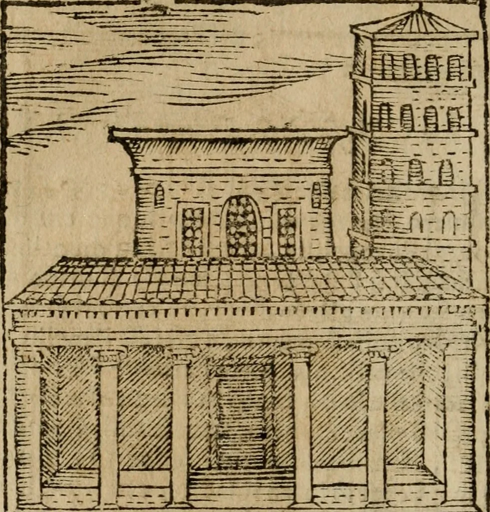 An illustration from Descrittione di Roma antica e moderna : nella quale si contengono chiese, monasterij, hospedali, compagnie, collegij e seminarij, tempij, teatri, anfiteatri, naumachie, cerchi, fori, curie, palazzi, e statue, librerie, musei, pitture, sculture, & i nomi de gli artefici : indice de'sommi pontefici, imperatori e duchi : con due copiosissime tauole, 1643, leaf 75