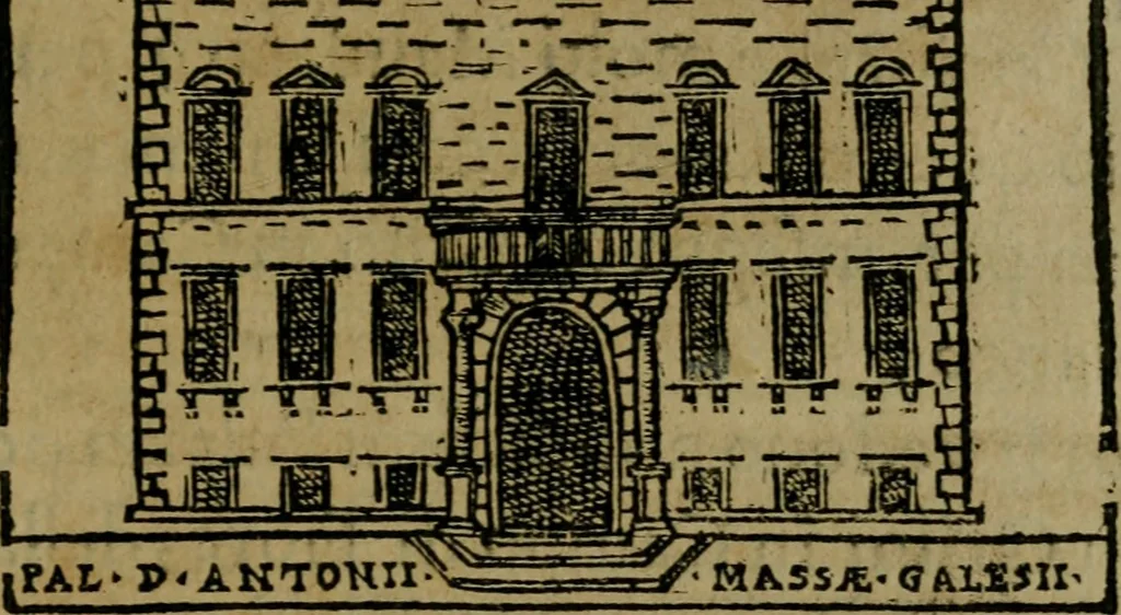 An illustration from Descrittione di Roma antica e moderna : nella quale si contengono chiese, monasterij, hospedali, compagnie, collegij e seminarij, tempij, teatri, anfiteatri, naumachie, cerchi, fori, curie, palazzi, e statue, librerie, musei, pitture, sculture, & i nomi de gli artefici : indice de'sommi pontefici, imperatori e duchi : con due copiosissime tauole, 1643, leaf 752