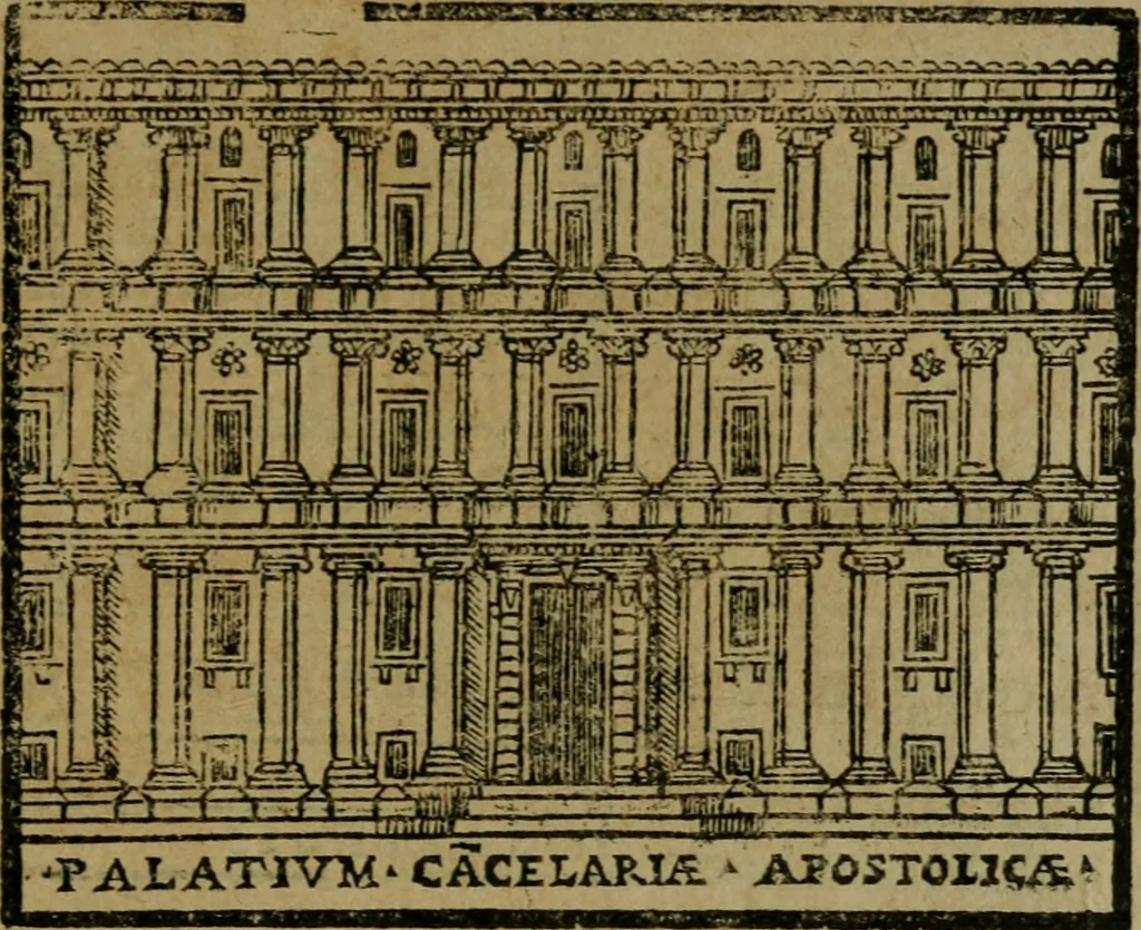 An illustration from Descrittione di Roma antica e moderna : nella quale si contengono chiese, monasterij, hospedali, compagnie, collegij e seminarij, tempij, teatri, anfiteatri, naumachie, cerchi, fori, curie, palazzi, e statue, librerie, musei, pitture, sculture, & i nomi de gli artefici : indice de'sommi pontefici, imperatori e duchi : con due copiosissime tauole, 1643, leaf 754