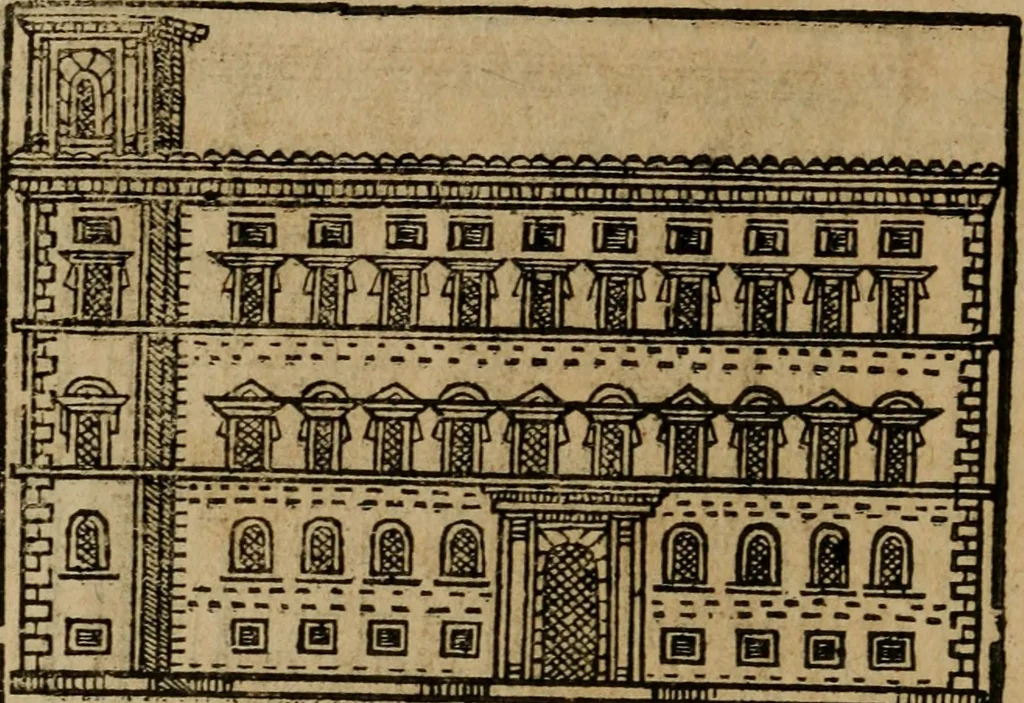 An illustration from Descrittione di Roma antica e moderna : nella quale si contengono chiese, monasterij, hospedali, compagnie, collegij e seminarij, tempij, teatri, anfiteatri, naumachie, cerchi, fori, curie, palazzi, e statue, librerie, musei, pitture, sculture, & i nomi de gli artefici : indice de'sommi pontefici, imperatori e duchi : con due copiosissime tauole, 1643, leaf 755