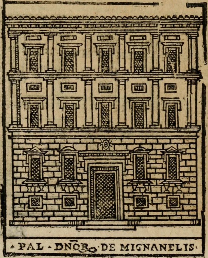 An illustration from Descrittione di Roma antica e moderna : nella quale si contengono chiese, monasterij, hospedali, compagnie, collegij e seminarij, tempij, teatri, anfiteatri, naumachie, cerchi, fori, curie, palazzi, e statue, librerie, musei, pitture, sculture, & i nomi de gli artefici : indice de'sommi pontefici, imperatori e duchi : con due copiosissime tauole, 1643, leaf 755