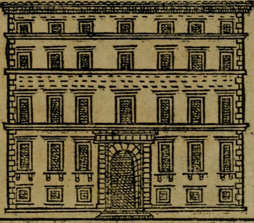 An illustration from Descrittione di Roma antica e moderna : nella quale si contengono chiese, monasterij, hospedali, compagnie, collegij e seminarij, tempij, teatri, anfiteatri, naumachie, cerchi, fori, curie, palazzi, e statue, librerie, musei, pitture, sculture, & i nomi de gli artefici : indice de'sommi pontefici, imperatori e duchi : con due copiosissime tauole, 1643, leaf 756
