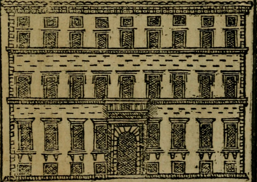 An illustration from Descrittione di Roma antica e moderna : nella quale si contengono chiese, monasterij, hospedali, compagnie, collegij e seminarij, tempij, teatri, anfiteatri, naumachie, cerchi, fori, curie, palazzi, e statue, librerie, musei, pitture, sculture, & i nomi de gli artefici : indice de'sommi pontefici, imperatori e duchi : con due copiosissime tauole, 1643, leaf 756