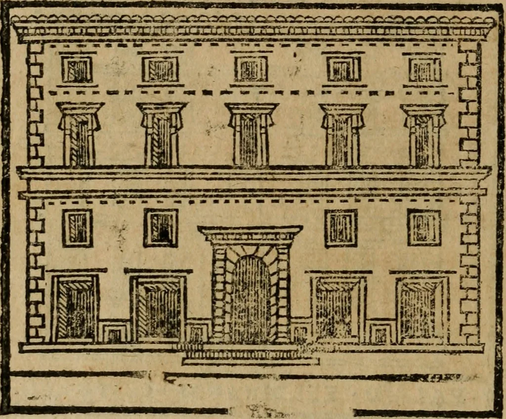 An illustration from Descrittione di Roma antica e moderna : nella quale si contengono chiese, monasterij, hospedali, compagnie, collegij e seminarij, tempij, teatri, anfiteatri, naumachie, cerchi, fori, curie, palazzi, e statue, librerie, musei, pitture, sculture, & i nomi de gli artefici : indice de'sommi pontefici, imperatori e duchi : con due copiosissime tauole, 1643, leaf 757