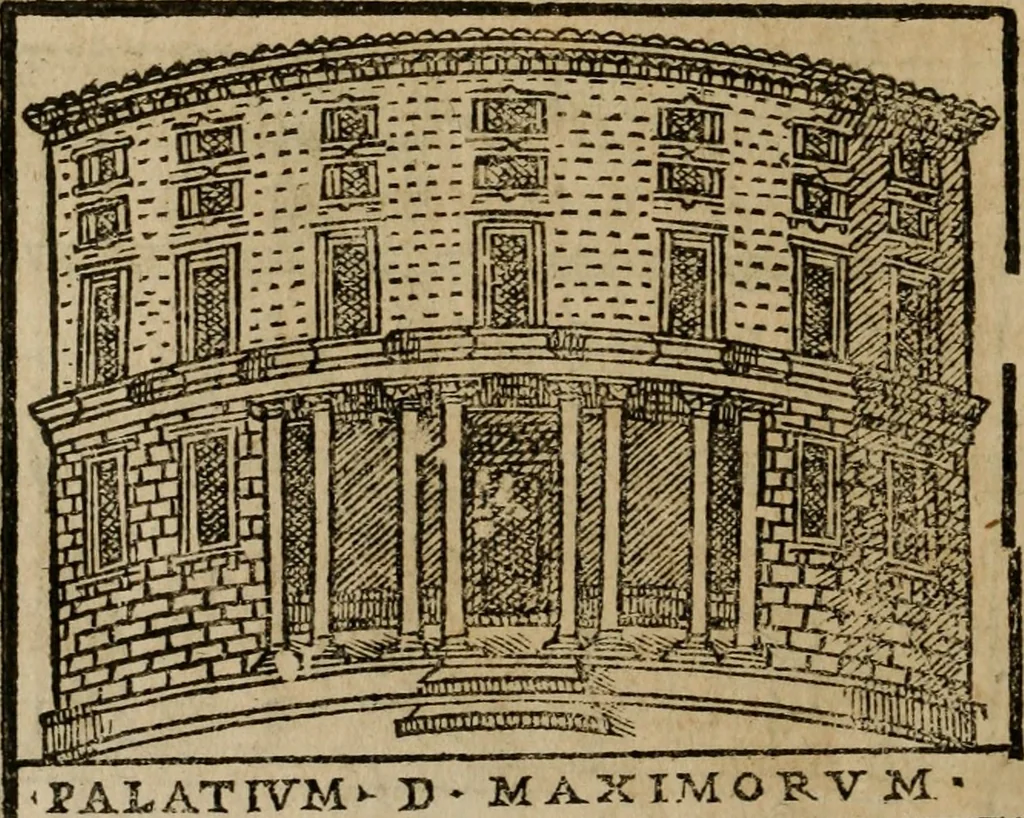 An illustration from Descrittione di Roma antica e moderna : nella quale si contengono chiese, monasterij, hospedali, compagnie, collegij e seminarij, tempij, teatri, anfiteatri, naumachie, cerchi, fori, curie, palazzi, e statue, librerie, musei, pitture, sculture, & i nomi de gli artefici : indice de'sommi pontefici, imperatori e duchi : con due copiosissime tauole, 1643, leaf 757