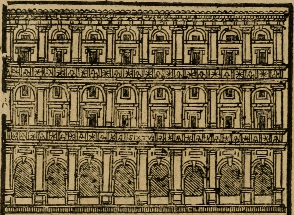 An illustration from Descrittione di Roma antica e moderna : nella quale si contengono chiese, monasterij, hospedali, compagnie, collegij e seminarij, tempij, teatri, anfiteatri, naumachie, cerchi, fori, curie, palazzi, e statue, librerie, musei, pitture, sculture, & i nomi de gli artefici : indice de'sommi pontefici, imperatori e duchi : con due copiosissime tauole, 1643, leaf 759