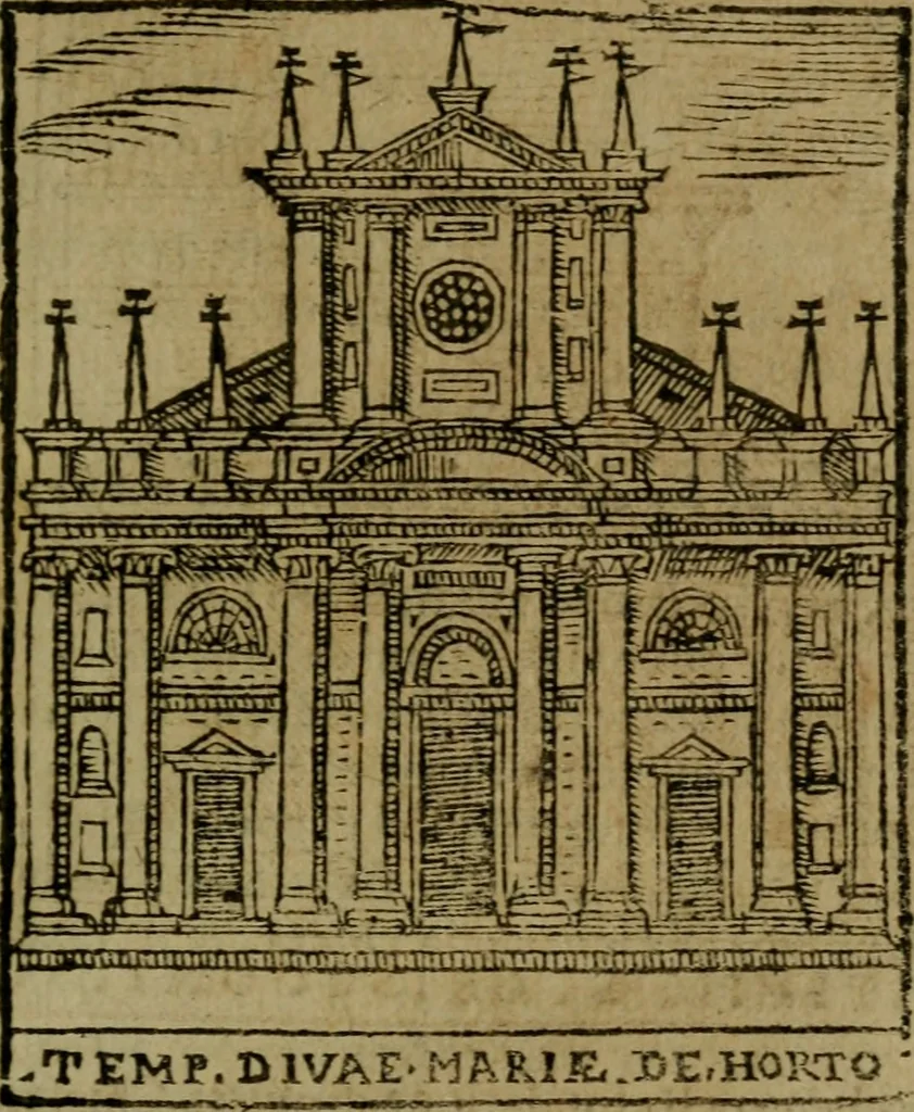 An illustration from Descrittione di Roma antica e moderna : nella quale si contengono chiese, monasterij, hospedali, compagnie, collegij e seminarij, tempij, teatri, anfiteatri, naumachie, cerchi, fori, curie, palazzi, e statue, librerie, musei, pitture, sculture, & i nomi de gli artefici : indice de'sommi pontefici, imperatori e duchi : con due copiosissime tauole, 1643, leaf 76