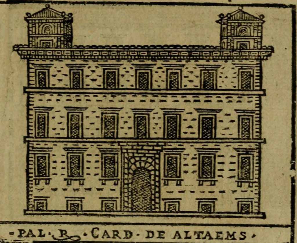 An illustration from Descrittione di Roma antica e moderna : nella quale si contengono chiese, monasterij, hospedali, compagnie, collegij e seminarij, tempij, teatri, anfiteatri, naumachie, cerchi, fori, curie, palazzi, e statue, librerie, musei, pitture, sculture, & i nomi de gli artefici : indice de'sommi pontefici, imperatori e duchi : con due copiosissime tauole, 1643, leaf 760