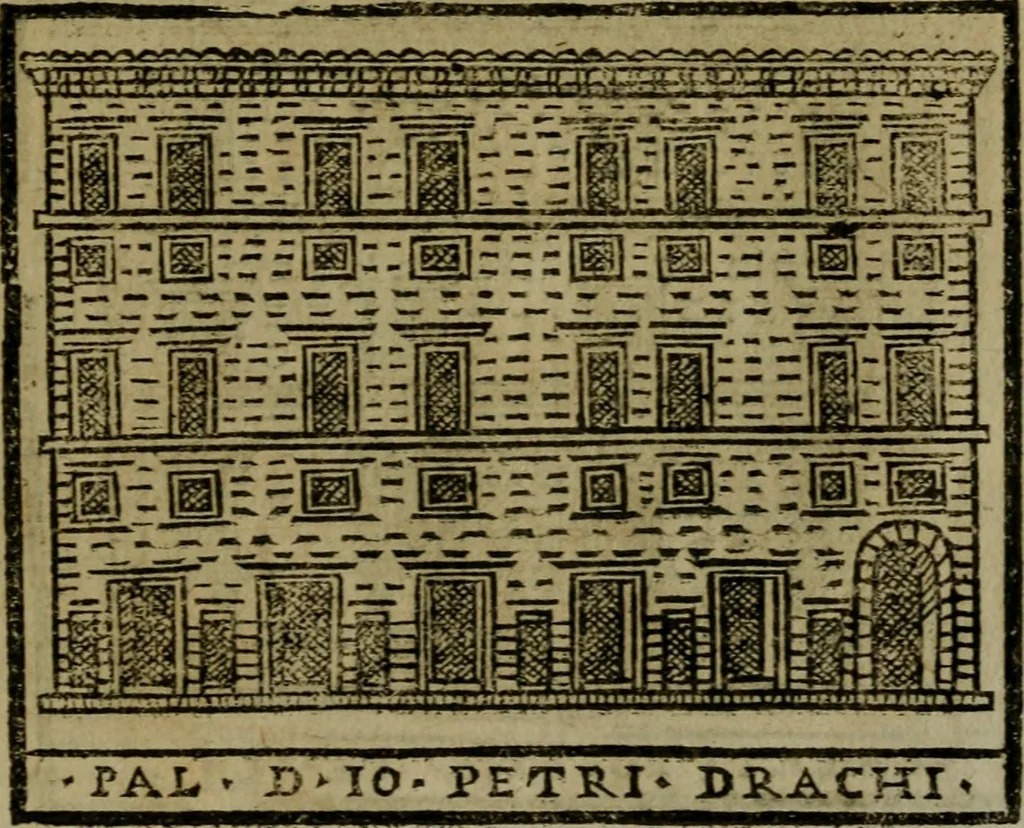 An illustration from Descrittione di Roma antica e moderna : nella quale si contengono chiese, monasterij, hospedali, compagnie, collegij e seminarij, tempij, teatri, anfiteatri, naumachie, cerchi, fori, curie, palazzi, e statue, librerie, musei, pitture, sculture, & i nomi de gli artefici : indice de'sommi pontefici, imperatori e duchi : con due copiosissime tauole, 1643, leaf 760