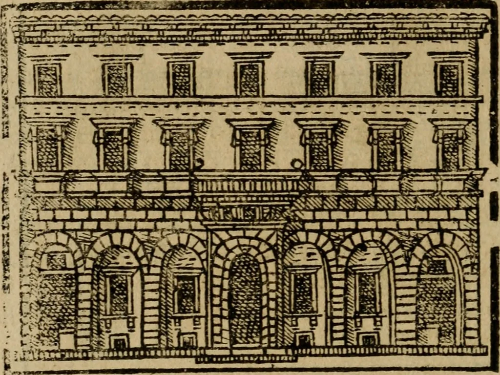 An illustration from Descrittione di Roma antica e moderna : nella quale si contengono chiese, monasterij, hospedali, compagnie, collegij e seminarij, tempij, teatri, anfiteatri, naumachie, cerchi, fori, curie, palazzi, e statue, librerie, musei, pitture, sculture, & i nomi de gli artefici : indice de'sommi pontefici, imperatori e duchi : con due copiosissime tauole, 1643, leaf 761