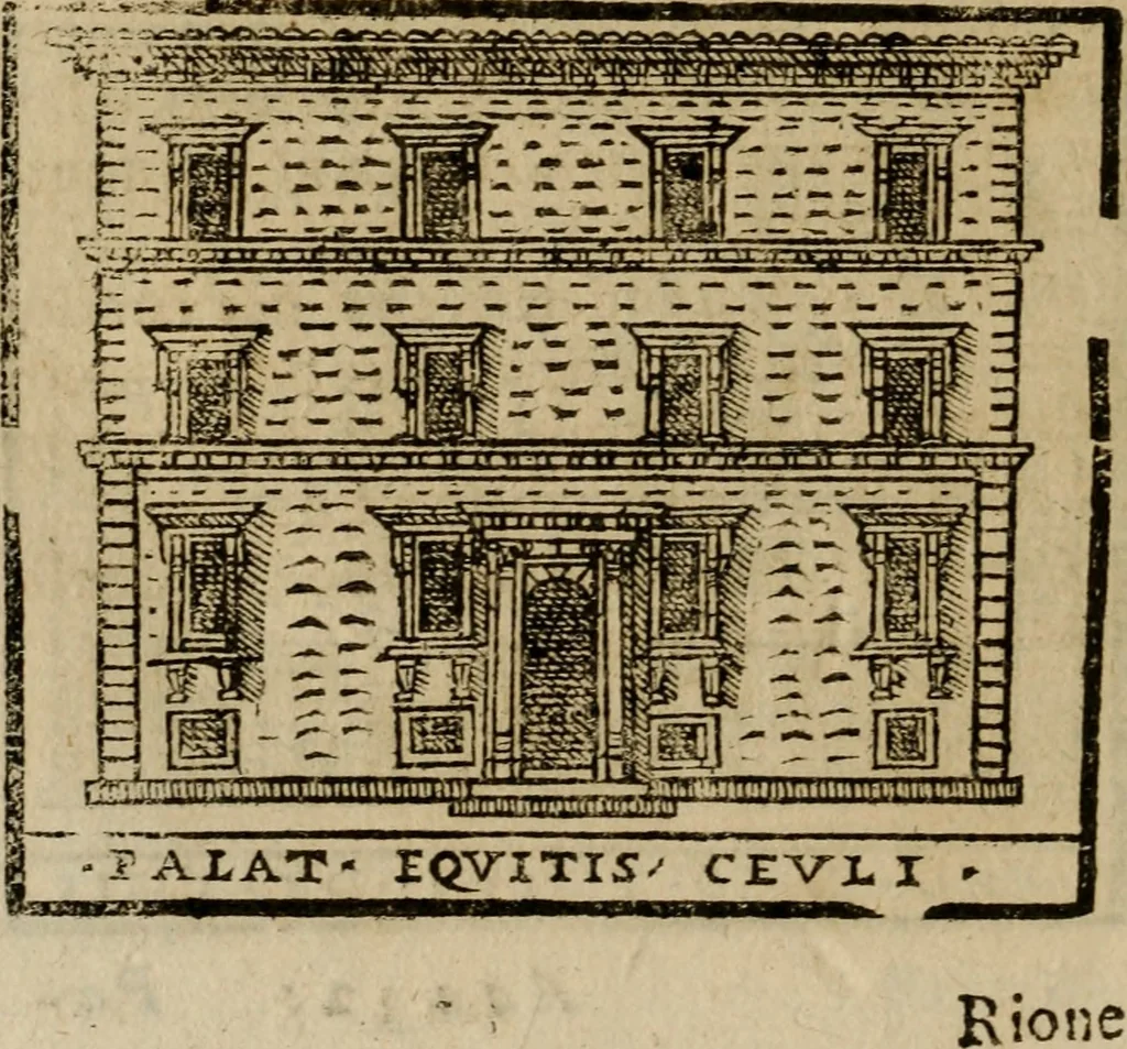 An illustration from Descrittione di Roma antica e moderna : nella quale si contengono chiese, monasterij, hospedali, compagnie, collegij e seminarij, tempij, teatri, anfiteatri, naumachie, cerchi, fori, curie, palazzi, e statue, librerie, musei, pitture, sculture, & i nomi de gli artefici : indice de'sommi pontefici, imperatori e duchi : con due copiosissime tauole, 1643, leaf 761