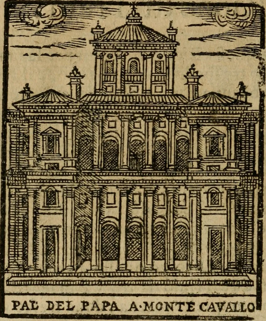 An illustration from Descrittione di Roma antica e moderna : nella quale si contengono chiese, monasterij, hospedali, compagnie, collegij e seminarij, tempij, teatri, anfiteatri, naumachie, cerchi, fori, curie, palazzi, e statue, librerie, musei, pitture, sculture, & i nomi de gli artefici : indice de'sommi pontefici, imperatori e duchi : con due copiosissime tauole, 1643, leaf 763