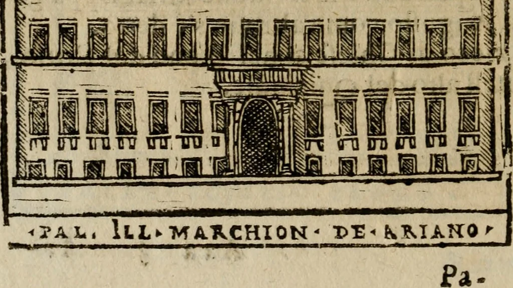 An illustration from Descrittione di Roma antica e moderna : nella quale si contengono chiese, monasterij, hospedali, compagnie, collegij e seminarij, tempij, teatri, anfiteatri, naumachie, cerchi, fori, curie, palazzi, e statue, librerie, musei, pitture, sculture, & i nomi de gli artefici : indice de'sommi pontefici, imperatori e duchi : con due copiosissime tauole, 1643, leaf 763
