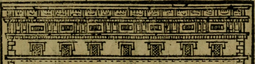 An illustration from Descrittione di Roma antica e moderna : nella quale si contengono chiese, monasterij, hospedali, compagnie, collegij e seminarij, tempij, teatri, anfiteatri, naumachie, cerchi, fori, curie, palazzi, e statue, librerie, musei, pitture, sculture, & i nomi de gli artefici : indice de'sommi pontefici, imperatori e duchi : con due copiosissime tauole, 1643, leaf 764