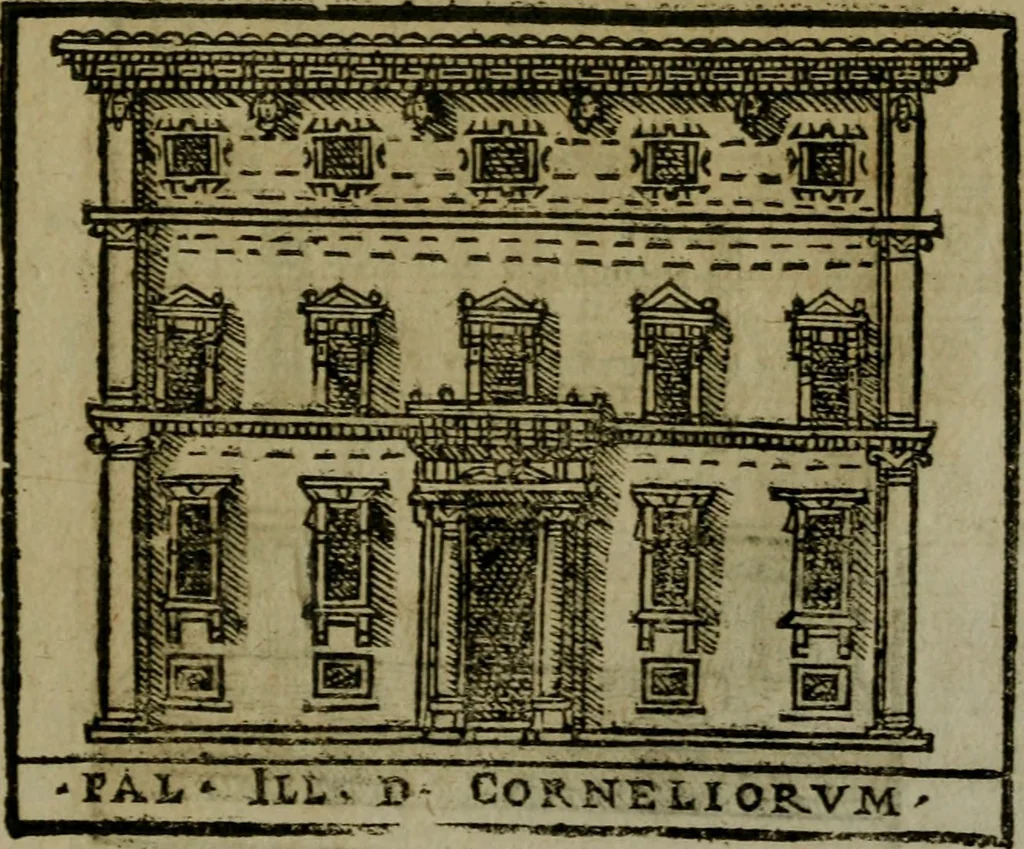 An illustration from Descrittione di Roma antica e moderna : nella quale si contengono chiese, monasterij, hospedali, compagnie, collegij e seminarij, tempij, teatri, anfiteatri, naumachie, cerchi, fori, curie, palazzi, e statue, librerie, musei, pitture, sculture, & i nomi de gli artefici : indice de'sommi pontefici, imperatori e duchi : con due copiosissime tauole, 1643, leaf 764