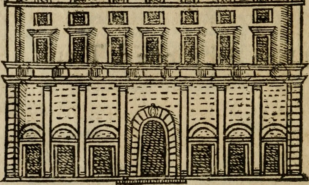 An illustration from Descrittione di Roma antica e moderna : nella quale si contengono chiese, monasterij, hospedali, compagnie, collegij e seminarij, tempij, teatri, anfiteatri, naumachie, cerchi, fori, curie, palazzi, e statue, librerie, musei, pitture, sculture, & i nomi de gli artefici : indice de'sommi pontefici, imperatori e duchi : con due copiosissime tauole, 1643, leaf 767