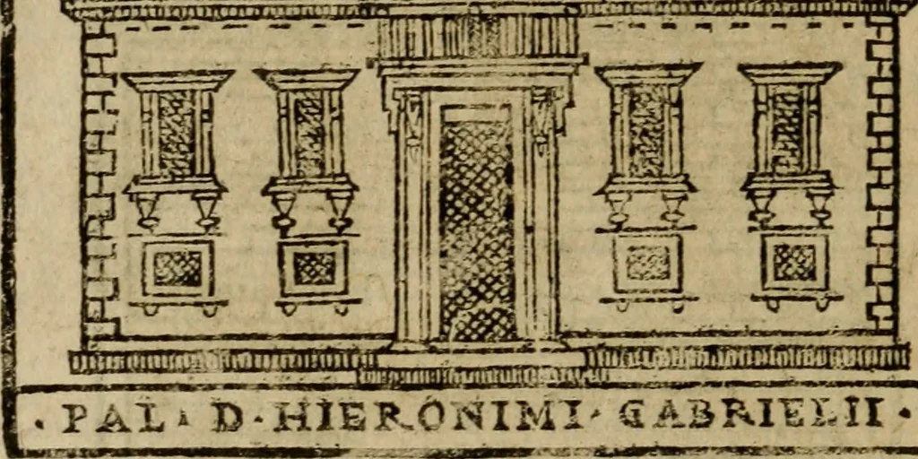 An illustration from Descrittione di Roma antica e moderna : nella quale si contengono chiese, monasterij, hospedali, compagnie, collegij e seminarij, tempij, teatri, anfiteatri, naumachie, cerchi, fori, curie, palazzi, e statue, librerie, musei, pitture, sculture, & i nomi de gli artefici : indice de'sommi pontefici, imperatori e duchi : con due copiosissime tauole, 1643, leaf 769