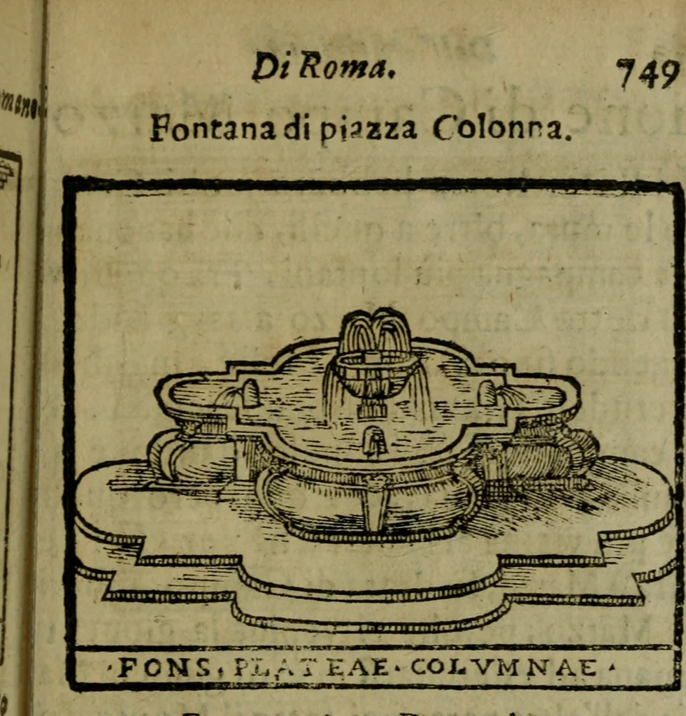 An illustration from Descrittione di Roma antica e moderna : nella quale si contengono chiese, monasterij, hospedali, compagnie, collegij e seminarij, tempij, teatri, anfiteatri, naumachie, cerchi, fori, curie, palazzi, e statue, librerie, musei, pitture, sculture, & i nomi de gli artefici : indice de'sommi pontefici, imperatori e duchi : con due copiosissime tauole, 1643, leaf 770