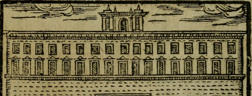 An illustration from Descrittione di Roma antica e moderna : nella quale si contengono chiese, monasterij, hospedali, compagnie, collegij e seminarij, tempij, teatri, anfiteatri, naumachie, cerchi, fori, curie, palazzi, e statue, librerie, musei, pitture, sculture, & i nomi de gli artefici : indice de'sommi pontefici, imperatori e duchi : con due copiosissime tauole, 1643, leaf 772