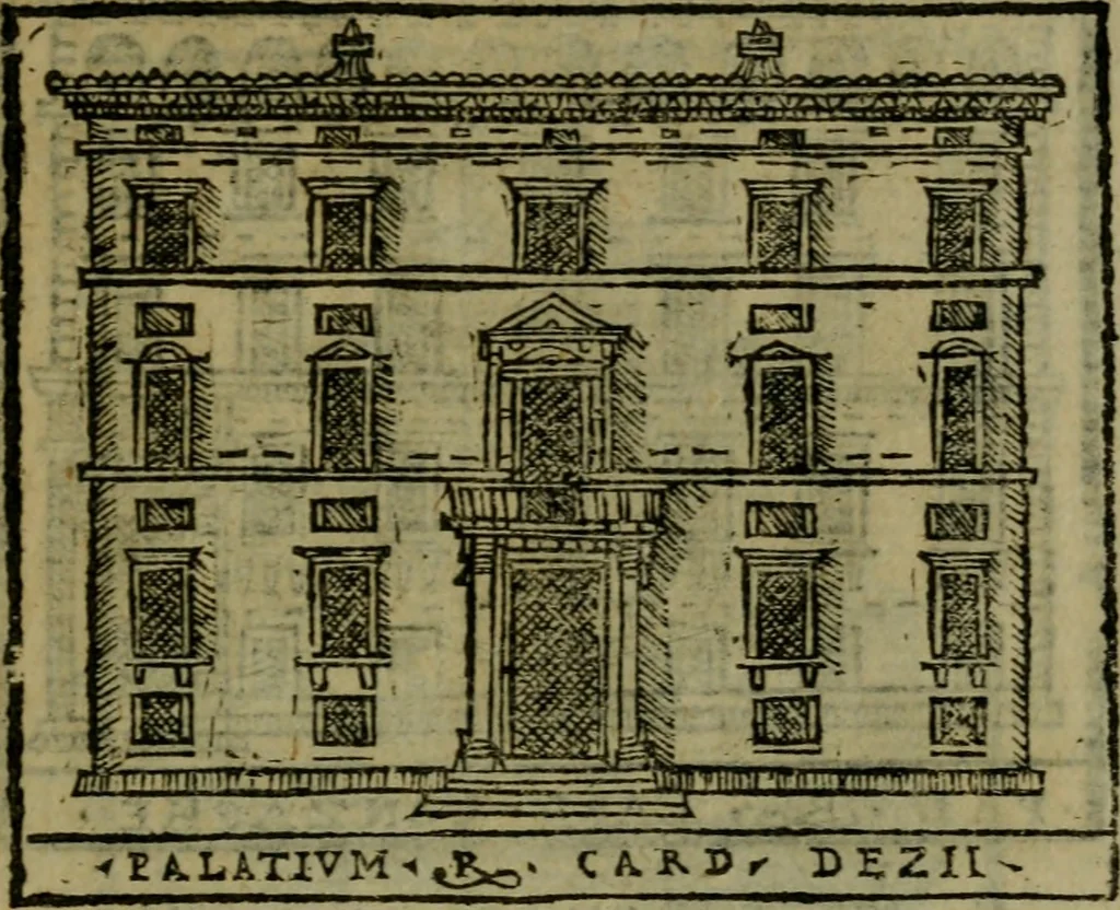 An illustration from Descrittione di Roma antica e moderna : nella quale si contengono chiese, monasterij, hospedali, compagnie, collegij e seminarij, tempij, teatri, anfiteatri, naumachie, cerchi, fori, curie, palazzi, e statue, librerie, musei, pitture, sculture, & i nomi de gli artefici : indice de'sommi pontefici, imperatori e duchi : con due copiosissime tauole, 1643, leaf 774