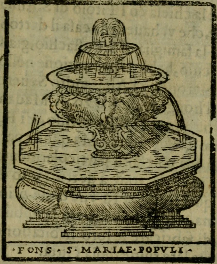 An illustration from Descrittione di Roma antica e moderna : nella quale si contengono chiese, monasterij, hospedali, compagnie, collegij e seminarij, tempij, teatri, anfiteatri, naumachie, cerchi, fori, curie, palazzi, e statue, librerie, musei, pitture, sculture, & i nomi de gli artefici : indice de'sommi pontefici, imperatori e duchi : con due copiosissime tauole, 1643, leaf 776