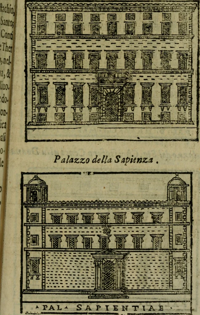 An illustration from Descrittione di Roma antica e moderna : nella quale si contengono chiese, monasterij, hospedali, compagnie, collegij e seminarij, tempij, teatri, anfiteatri, naumachie, cerchi, fori, curie, palazzi, e statue, librerie, musei, pitture, sculture, & i nomi de gli artefici : indice de'sommi pontefici, imperatori e duchi : con due copiosissime tauole, 1643, leaf 778