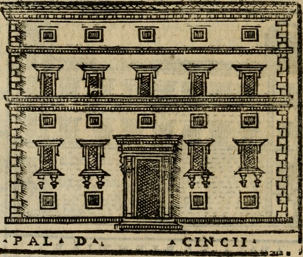 An illustration from Descrittione di Roma antica e moderna : nella quale si contengono chiese, monasterij, hospedali, compagnie, collegij e seminarij, tempij, teatri, anfiteatri, naumachie, cerchi, fori, curie, palazzi, e statue, librerie, musei, pitture, sculture, & i nomi de gli artefici : indice de'sommi pontefici, imperatori e duchi : con due copiosissime tauole, 1643, leaf 779