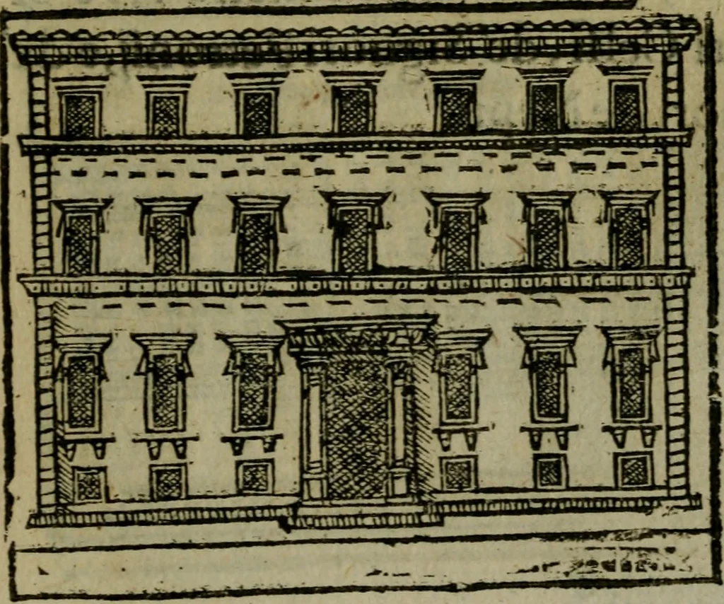 An illustration from Descrittione di Roma antica e moderna : nella quale si contengono chiese, monasterij, hospedali, compagnie, collegij e seminarij, tempij, teatri, anfiteatri, naumachie, cerchi, fori, curie, palazzi, e statue, librerie, musei, pitture, sculture, & i nomi de gli artefici : indice de'sommi pontefici, imperatori e duchi : con due copiosissime tauole, 1643, leaf 780