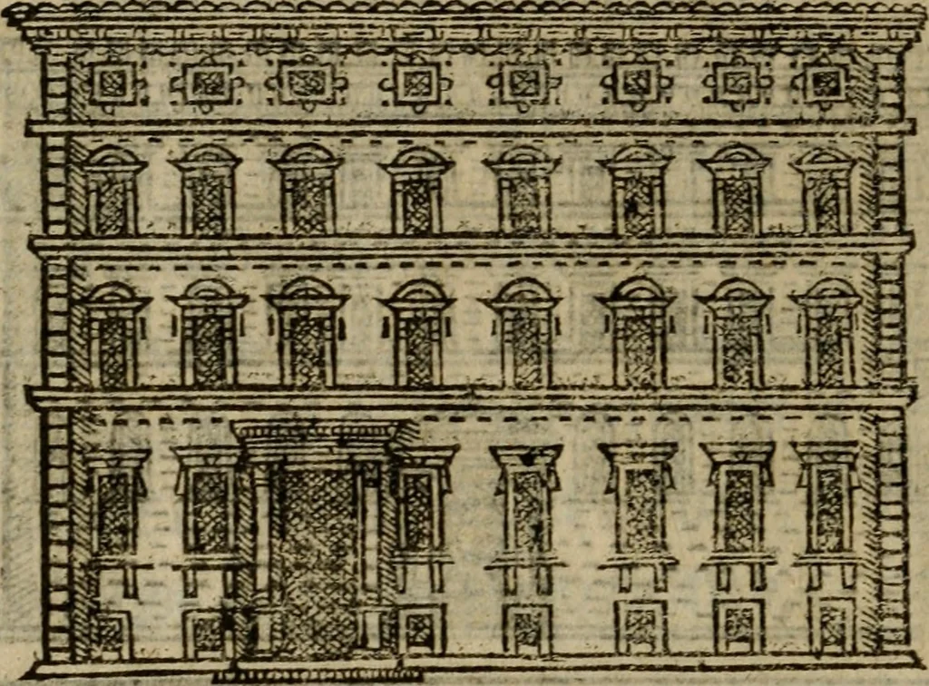 An illustration from Descrittione di Roma antica e moderna : nella quale si contengono chiese, monasterij, hospedali, compagnie, collegij e seminarij, tempij, teatri, anfiteatri, naumachie, cerchi, fori, curie, palazzi, e statue, librerie, musei, pitture, sculture, & i nomi de gli artefici : indice de'sommi pontefici, imperatori e duchi : con due copiosissime tauole, 1643, leaf 783