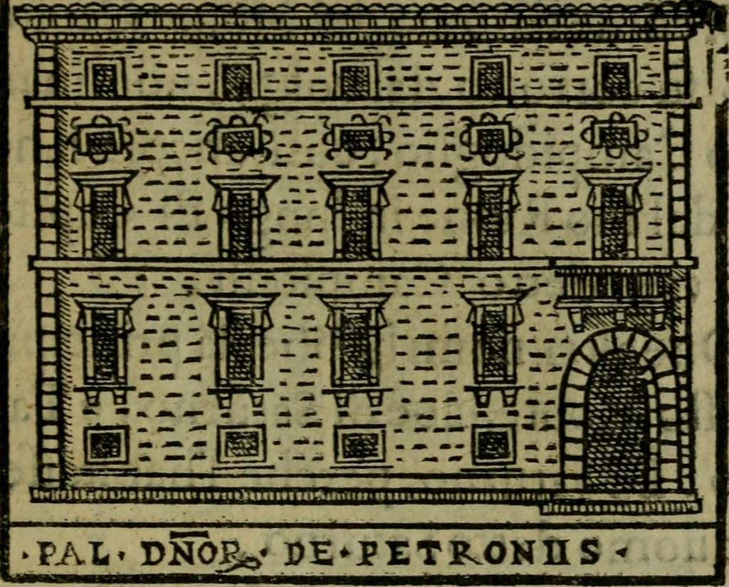 An illustration from Descrittione di Roma antica e moderna : nella quale si contengono chiese, monasterij, hospedali, compagnie, collegij e seminarij, tempij, teatri, anfiteatri, naumachie, cerchi, fori, curie, palazzi, e statue, librerie, musei, pitture, sculture, & i nomi de gli artefici : indice de'sommi pontefici, imperatori e duchi : con due copiosissime tauole, 1643, leaf 784