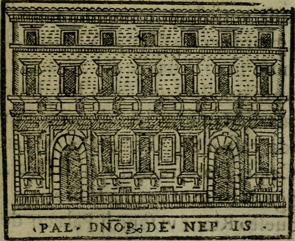 An illustration from Descrittione di Roma antica e moderna : nella quale si contengono chiese, monasterij, hospedali, compagnie, collegij e seminarij, tempij, teatri, anfiteatri, naumachie, cerchi, fori, curie, palazzi, e statue, librerie, musei, pitture, sculture, & i nomi de gli artefici : indice de'sommi pontefici, imperatori e duchi : con due copiosissime tauole, 1643, leaf 784