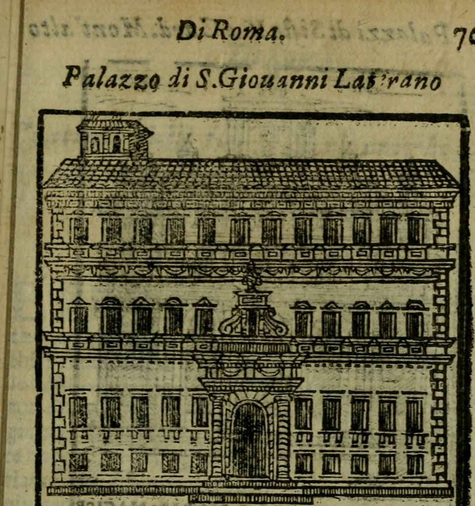 An illustration from Descrittione di Roma antica e moderna : nella quale si contengono chiese, monasterij, hospedali, compagnie, collegij e seminarij, tempij, teatri, anfiteatri, naumachie, cerchi, fori, curie, palazzi, e statue, librerie, musei, pitture, sculture, & i nomi de gli artefici : indice de'sommi pontefici, imperatori e duchi : con due copiosissime tauole, 1643, leaf 788