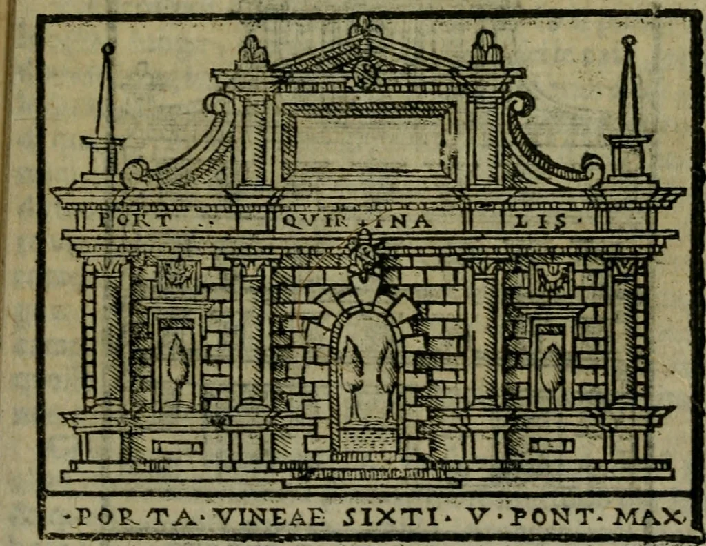 An illustration from Descrittione di Roma antica e moderna : nella quale si contengono chiese, monasterij, hospedali, compagnie, collegij e seminarij, tempij, teatri, anfiteatri, naumachie, cerchi, fori, curie, palazzi, e statue, librerie, musei, pitture, sculture, & i nomi de gli artefici : indice de'sommi pontefici, imperatori e duchi : con due copiosissime tauole, 1643, leaf 788