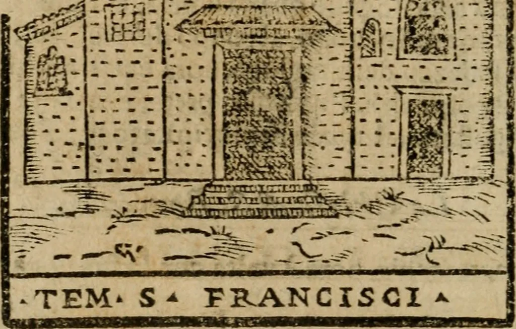 An illustration from Descrittione di Roma antica e moderna : nella quale si contengono chiese, monasterij, hospedali, compagnie, collegij e seminarij, tempij, teatri, anfiteatri, naumachie, cerchi, fori, curie, palazzi, e statue, librerie, musei, pitture, sculture, & i nomi de gli artefici : indice de'sommi pontefici, imperatori e duchi : con due copiosissime tauole, 1643, leaf 79
