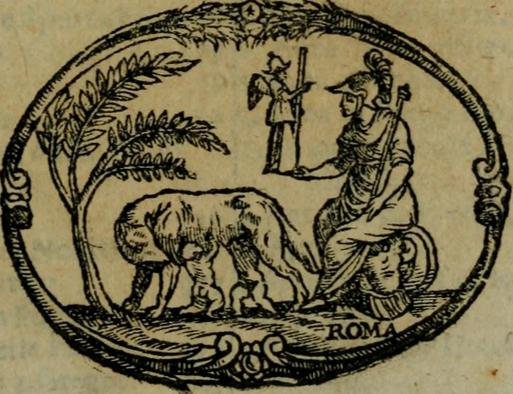 An illustration from Descrittione di Roma antica e moderna : nella quale si contengono chiese, monasterij, hospedali, compagnie, collegij e seminarij, tempij, teatri, anfiteatri, naumachie, cerchi, fori, curie, palazzi, e statue, librerie, musei, pitture, sculture, & i nomi de gli artefici : indice de'sommi pontefici, imperatori e duchi : con due copiosissime tauole, 1643, leaf 8