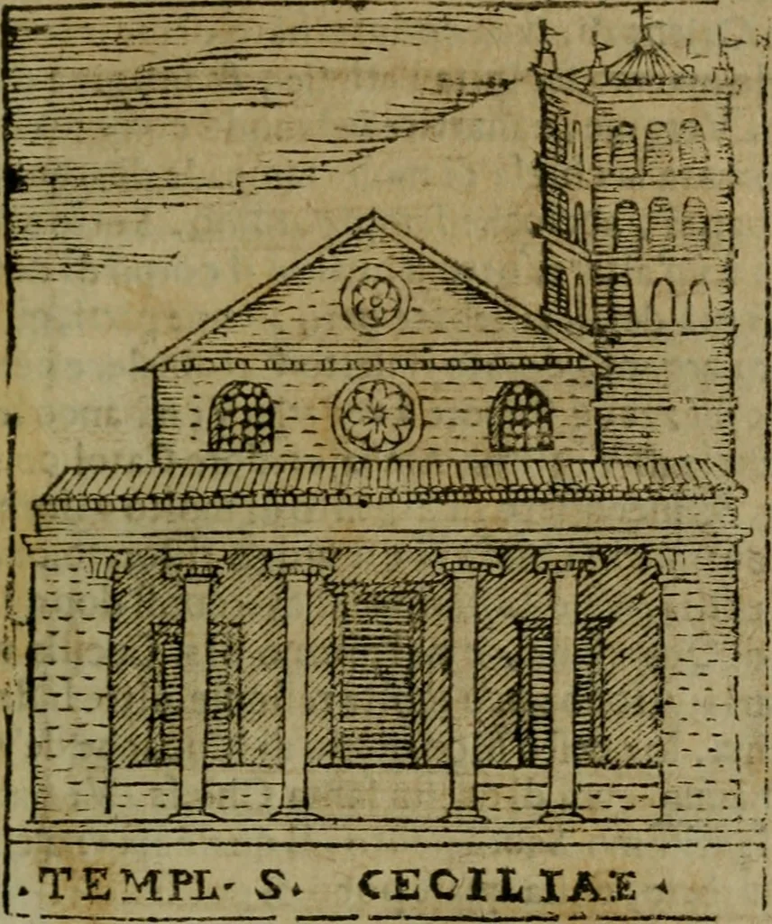An illustration from Descrittione di Roma antica e moderna : nella quale si contengono chiese, monasterij, hospedali, compagnie, collegij e seminarij, tempij, teatri, anfiteatri, naumachie, cerchi, fori, curie, palazzi, e statue, librerie, musei, pitture, sculture, & i nomi de gli artefici : indice de'sommi pontefici, imperatori e duchi : con due copiosissime tauole, 1643, leaf 80
