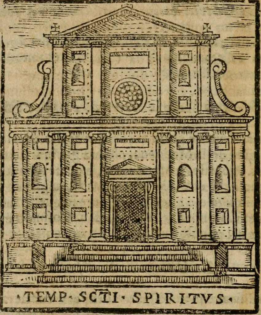 An illustration from Descrittione di Roma antica e moderna : nella quale si contengono chiese, monasterij, hospedali, compagnie, collegij e seminarij, tempij, teatri, anfiteatri, naumachie, cerchi, fori, curie, palazzi, e statue, librerie, musei, pitture, sculture, & i nomi de gli artefici : indice de'sommi pontefici, imperatori e duchi : con due copiosissime tauole, 1643, leaf 83