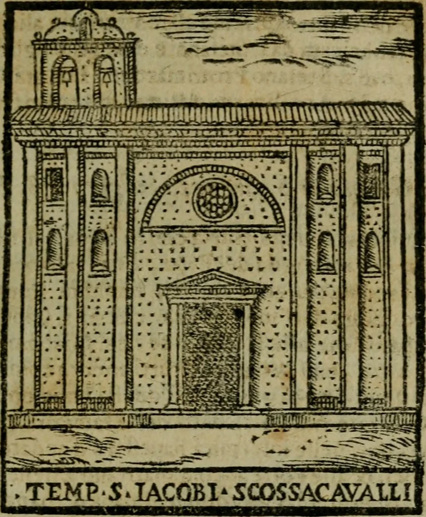 An illustration from Descrittione di Roma antica e moderna : nella quale si contengono chiese, monasterij, hospedali, compagnie, collegij e seminarij, tempij, teatri, anfiteatri, naumachie, cerchi, fori, curie, palazzi, e statue, librerie, musei, pitture, sculture, & i nomi de gli artefici : indice de'sommi pontefici, imperatori e duchi : con due copiosissime tauole, 1643, leaf 88