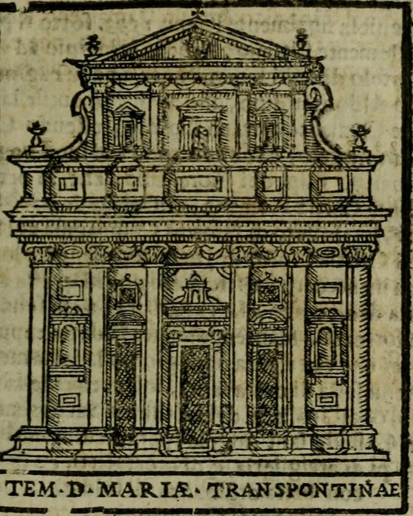 An illustration from Descrittione di Roma antica e moderna : nella quale si contengono chiese, monasterij, hospedali, compagnie, collegij e seminarij, tempij, teatri, anfiteatri, naumachie, cerchi, fori, curie, palazzi, e statue, librerie, musei, pitture, sculture, & i nomi de gli artefici : indice de'sommi pontefici, imperatori e duchi : con due copiosissime tauole, 1643, leaf 96