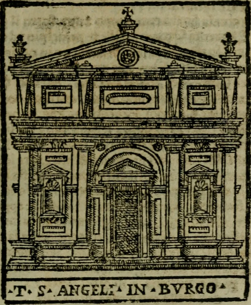 An illustration from Descrittione di Roma antica e moderna : nella quale si contengono chiese, monasterij, hospedali, compagnie, collegij e seminarij, tempij, teatri, anfiteatri, naumachie, cerchi, fori, curie, palazzi, e statue, librerie, musei, pitture, sculture, & i nomi de gli artefici : indice de'sommi pontefici, imperatori e duchi : con due copiosissime tauole, 1643, leaf 98