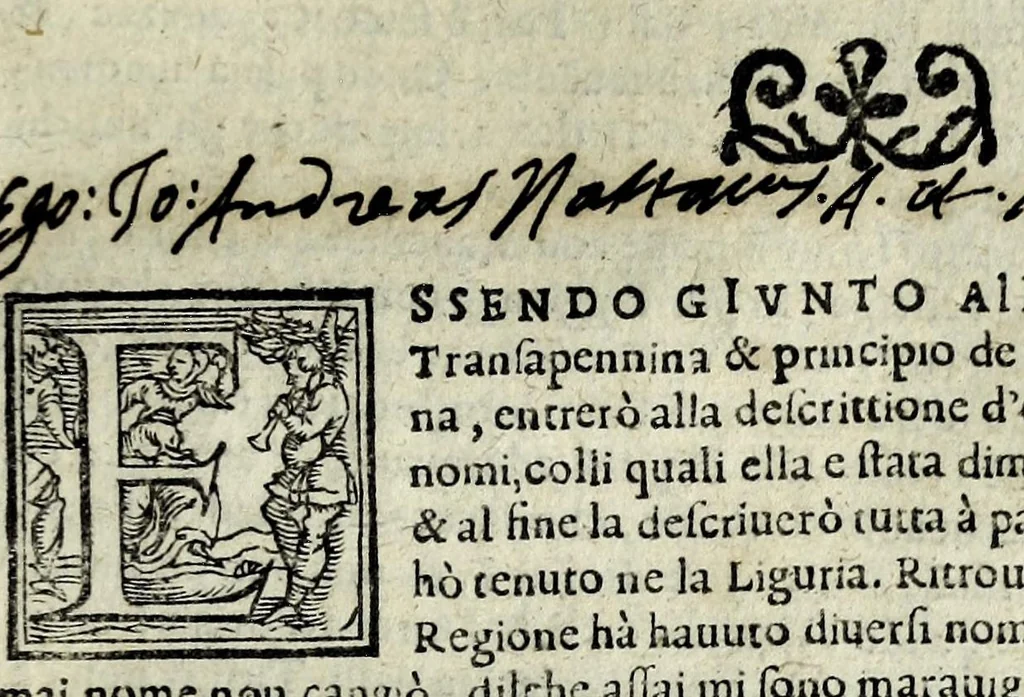 An illustration from Descrittione di tvtta Italia ... : nella quale si contiene il sito di essa, l'origine, et le signorie delle città & delle castella co i nomi antichi & moderni, i costumi de popoli, le conditioni de paesi, et piv gli hvomini famosi che l'hanno illustrata, i monti, i laghi, i fiumi, le fontane, i bagni, le minere, con tutte l'opre marauigliose in lei dalla natura prodotte, 1551, leaf 117