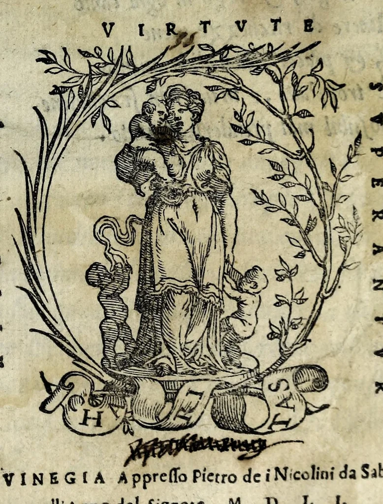 An illustration from Descrittione di tvtta Italia ... : nella quale si contiene il sito di essa, l'origine, et le signorie delle città & delle castella co i nomi antichi & moderni, i costumi de popoli, le conditioni de paesi, et piv gli hvomini famosi che l'hanno illustrata, i monti, i laghi, i fiumi, le fontane, i bagni, le minere, con tutte l'opre marauigliose in lei dalla natura prodotte, 1551, leaf 5