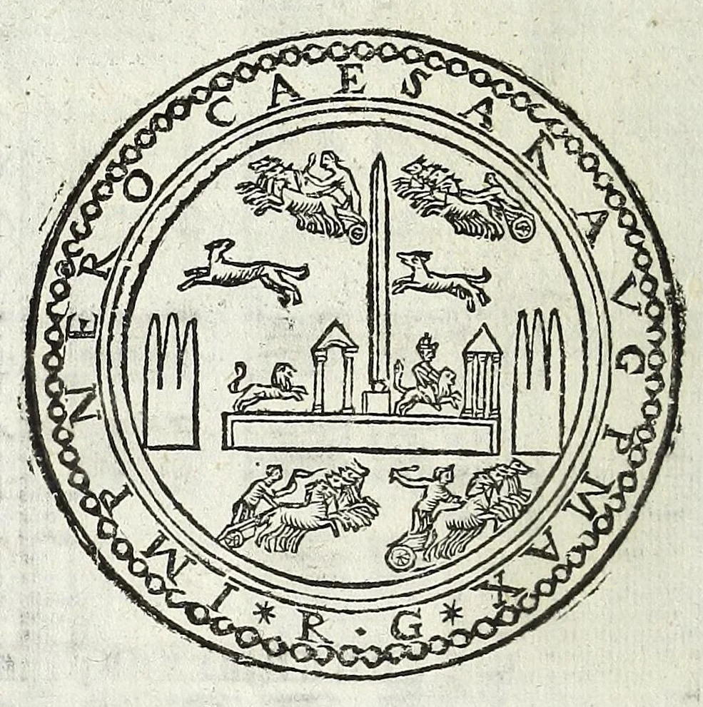An illustration from Descrizione di Roma antica : formata nuouamente con le autorità di Bartolomeo Marliani, Onofrio Panuinio, Alessandro Donati, Faminio Nardini, e d'altri celebri scrittori antichi, & antiquarij moderni, accennati nella lettera al lettore. Nella quale si discorre degl' archi, aquedotti, basiliche, circhi, colonne, curie, fori, librerie, naumachie, obelischi, palazzi, pitture, ponti, statue, teatri, anfiteatri, tempij, terme, vie, & altri famosi edificij romani. Accresciuta di moltissime figure in rame, di varie medaglie, e di curiose notizie istoriche, 1697, leaf 236