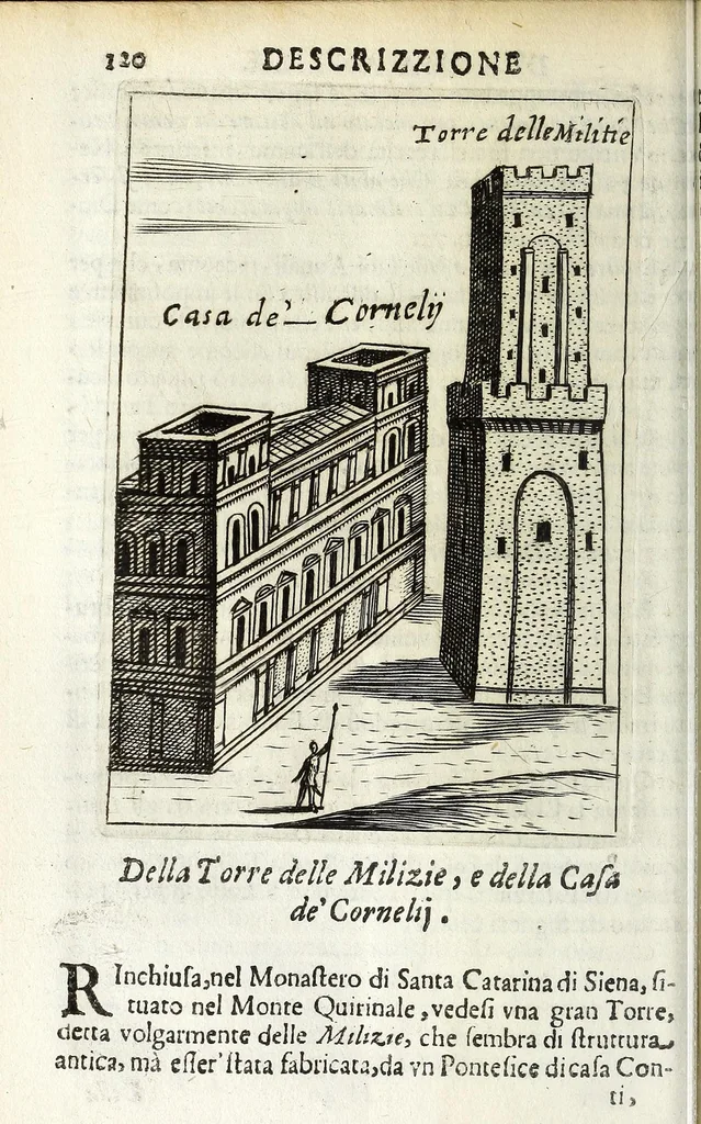 An illustration from Descrizione di Roma moderna : formata nuouamente con le autorità del cardinal Baronio, Alfonso Ciaconio, d'Antonio Bosio, Ottavio Panciroli, e d'altri celebri autori accennati nella lettera al lettore : nella quale si discorre delle sagre basiliche, chiefe, collegij, confraternite, librerie, monasterij, opsedali, fontane, giardini, palazzi, pitture, sculture, e statue più famose, che sono dentro, e fuori della città : come ancora dell'opere pie, indulgenze, e reliquie de' santi custodite nelle dette chiese, e de' sommi pontefici, e cardinali fondatori o restauratori delle medesime : distinta in quattordici rioni, abbellita con figure nuoue di rame, & accresciuta di molte notizie istoriche, 1697, leaf 138