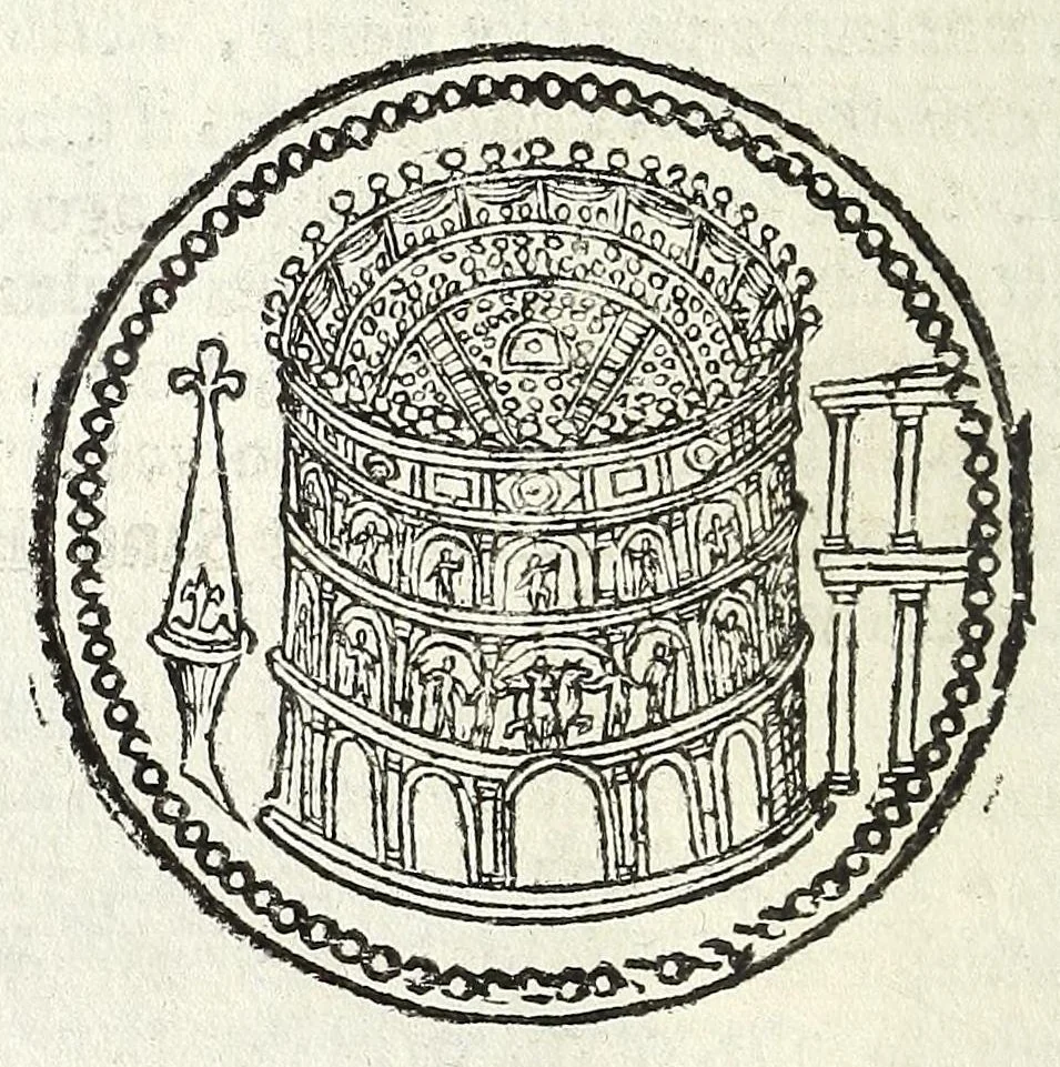 An illustration from Descrizione di Roma moderna : formata nuouamente con le autorità del cardinal Baronio, Alfonso Ciaconio, d'Antonio Bosio, Ottavio Panciroli, e d'altri celebri autori accennati nella lettera al lettore : nella quale si discorre delle sagre basiliche, chiefe, collegij, confraternite, librerie, monasterij, opsedali, fontane, giardini, palazzi, pitture, sculture, e statue più famose, che sono dentro, e fuori della città : come ancora dell'opere pie, indulgenze, e reliquie de' santi custodite nelle dette chiese, e de' sommi pontefici, e cardinali fondatori o restauratori delle medesime : distinta in quattordici rioni, abbellita con figure nuoue di rame, & accresciuta di molte notizie istoriche, 1697, leaf 192