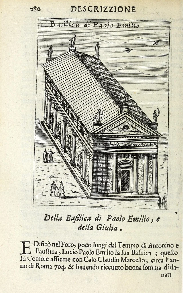 An illustration from Descrizione di Roma moderna : formata nuouamente con le autorità del cardinal Baronio, Alfonso Ciaconio, d'Antonio Bosio, Ottavio Panciroli, e d'altri celebri autori accennati nella lettera al lettore : nella quale si discorre delle sagre basiliche, chiefe, collegij, confraternite, librerie, monasterij, opsedali, fontane, giardini, palazzi, pitture, sculture, e statue più famose, che sono dentro, e fuori della città : come ancora dell'opere pie, indulgenze, e reliquie de' santi custodite nelle dette chiese, e de' sommi pontefici, e cardinali fondatori o restauratori delle medesime : distinta in quattordici rioni, abbellita con figure nuoue di rame, & accresciuta di molte notizie istoriche, 1697, leaf 302