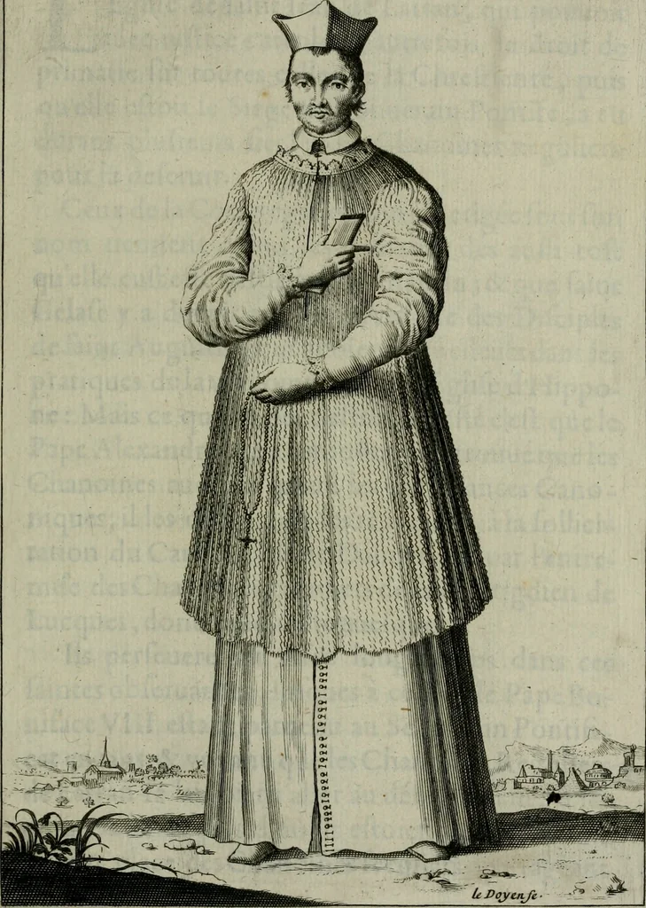 An illustration from Figures des differents habits des chanoines reguliers en ce siecle : auec vn discours sur les habits anciens et modernes de chanoines tant seculiers, que reguliers, 1666, leaf 102