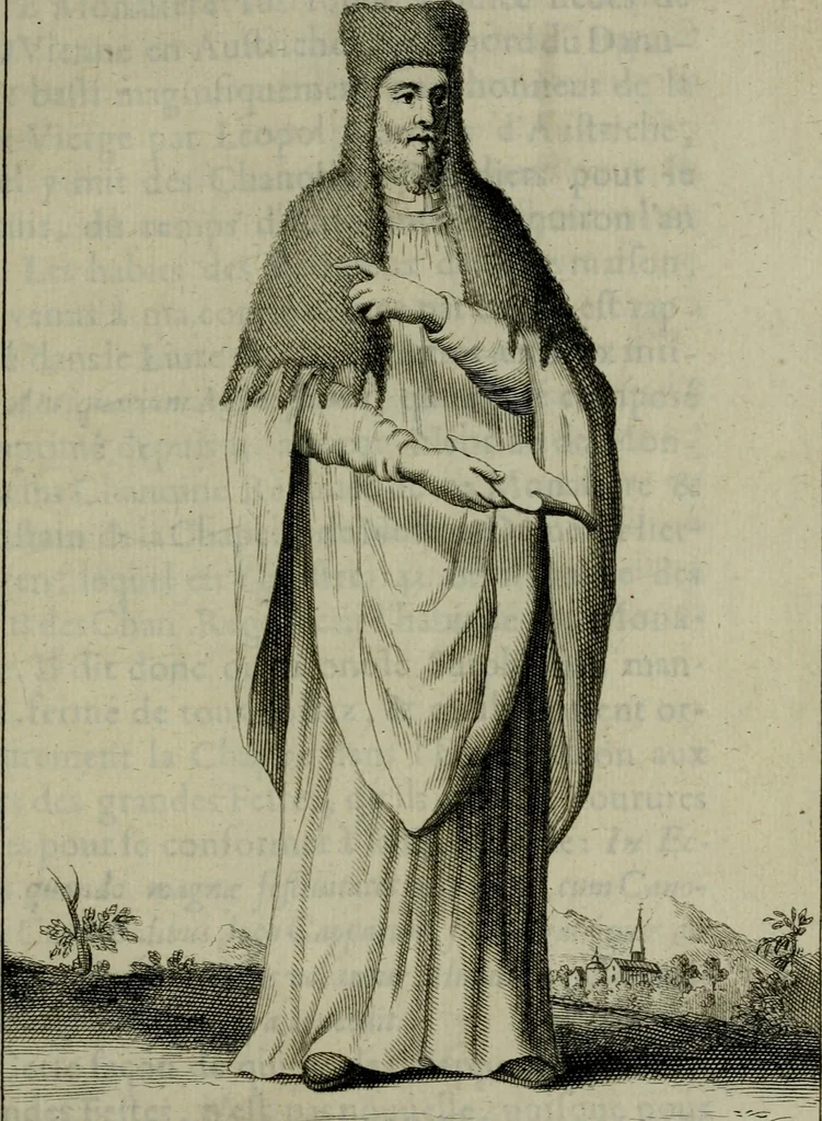 An illustration from Figures des differents habits des chanoines reguliers en ce siecle : auec vn discours sur les habits anciens et modernes de chanoines tant seculiers, que reguliers, 1666, leaf 114