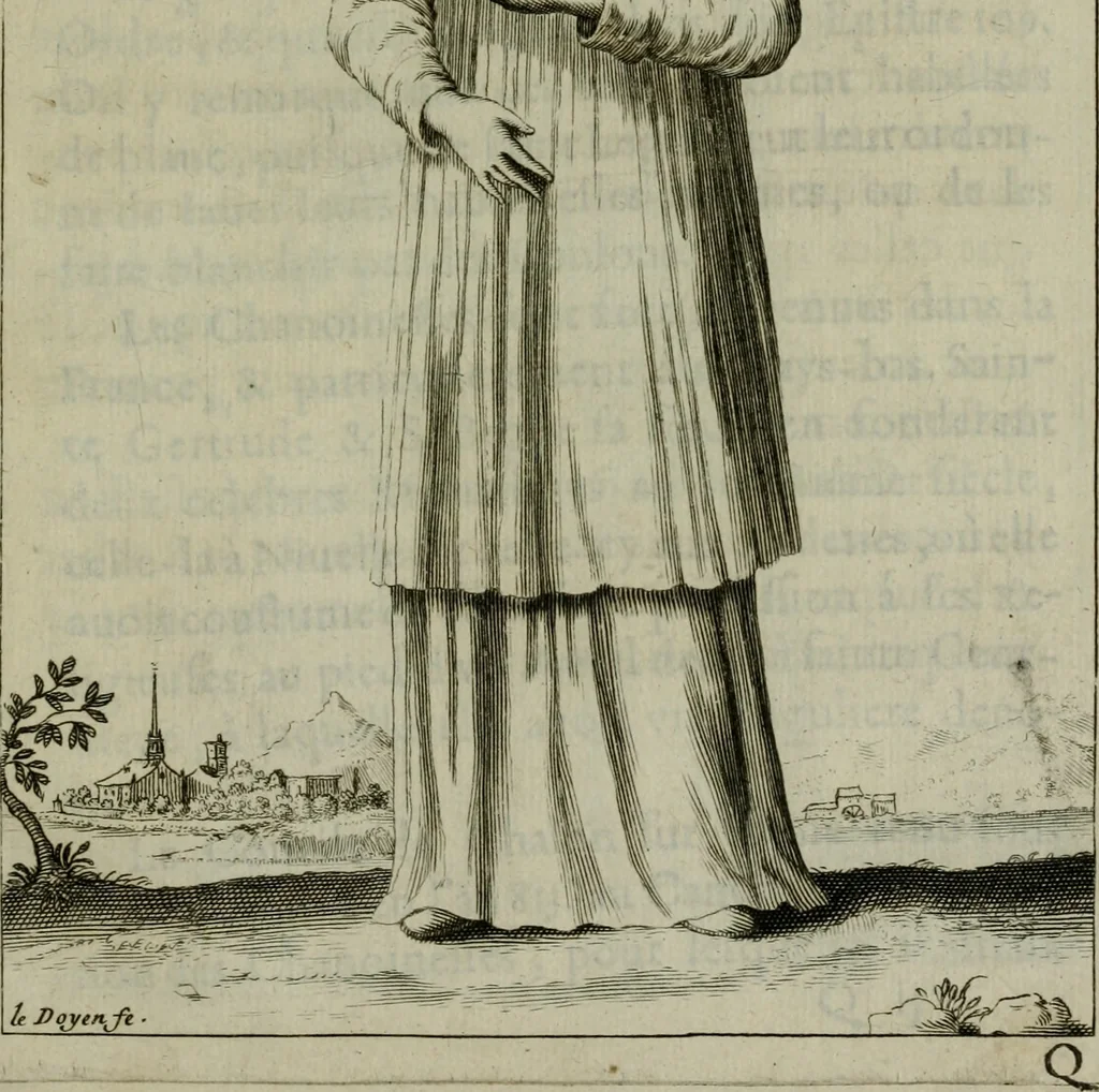 An illustration from Figures des differents habits des chanoines reguliers en ce siecle : auec vn discours sur les habits anciens et modernes de chanoines tant seculiers, que reguliers, 1666, leaf 138